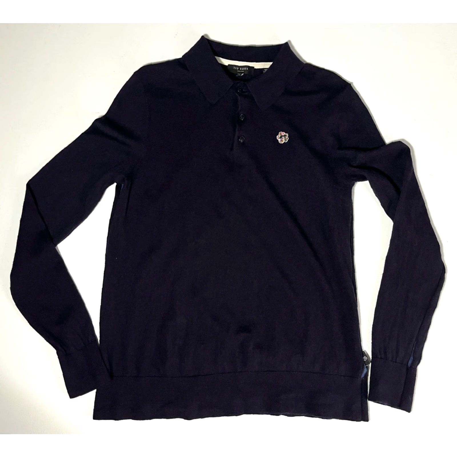 Ted Baker Ted Baker London Men's Collared Sweater 100% Wool Navy L Pullover Slim Knit Size US L / EU 52-54 / 3 - 3 Thumbnail