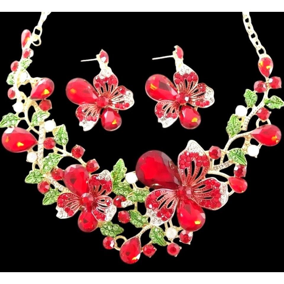 Handmade Red Floral Crystal Necklace Earrings Set New Christmas Jewel Size ONE SIZE - 3 Thumbnail
