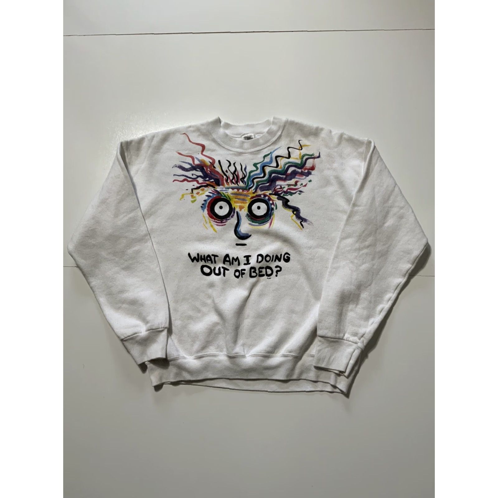 Fruit Of The Loom VINTAGE Fruit Of The Loom What Am I Doing Out Of Bed? Sweatshirt Crewneck Sz. L White Mens Pullover Size L Size US L / EU 52-54 / 3 - 2 Thumbnail