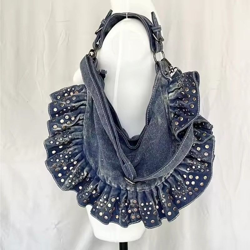 Japanese Brand Rivet Decor Ruched Shoulder Denim Bag Size ONE SIZE - 3 Thumbnail