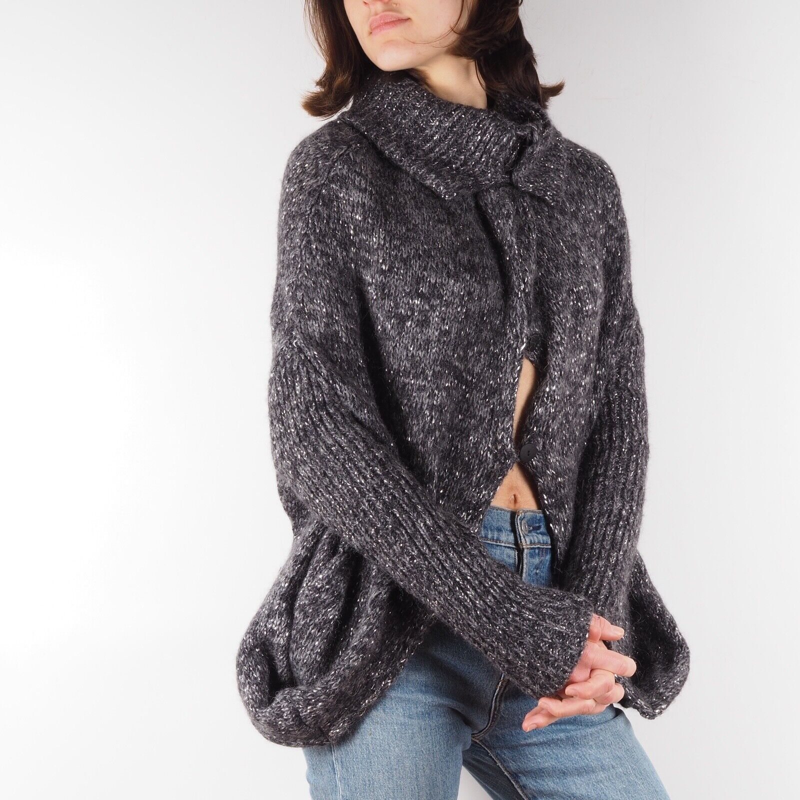 Sarah Pacini Sarah Pacini Gray Silver Alpaca Cardigan Sweater Cape Size ONE SIZE - 3 Thumbnail