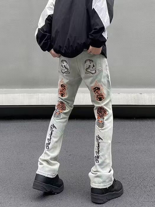 image of Embroidered Gambler Stack Jeans in Blue, Men's (Size 32)