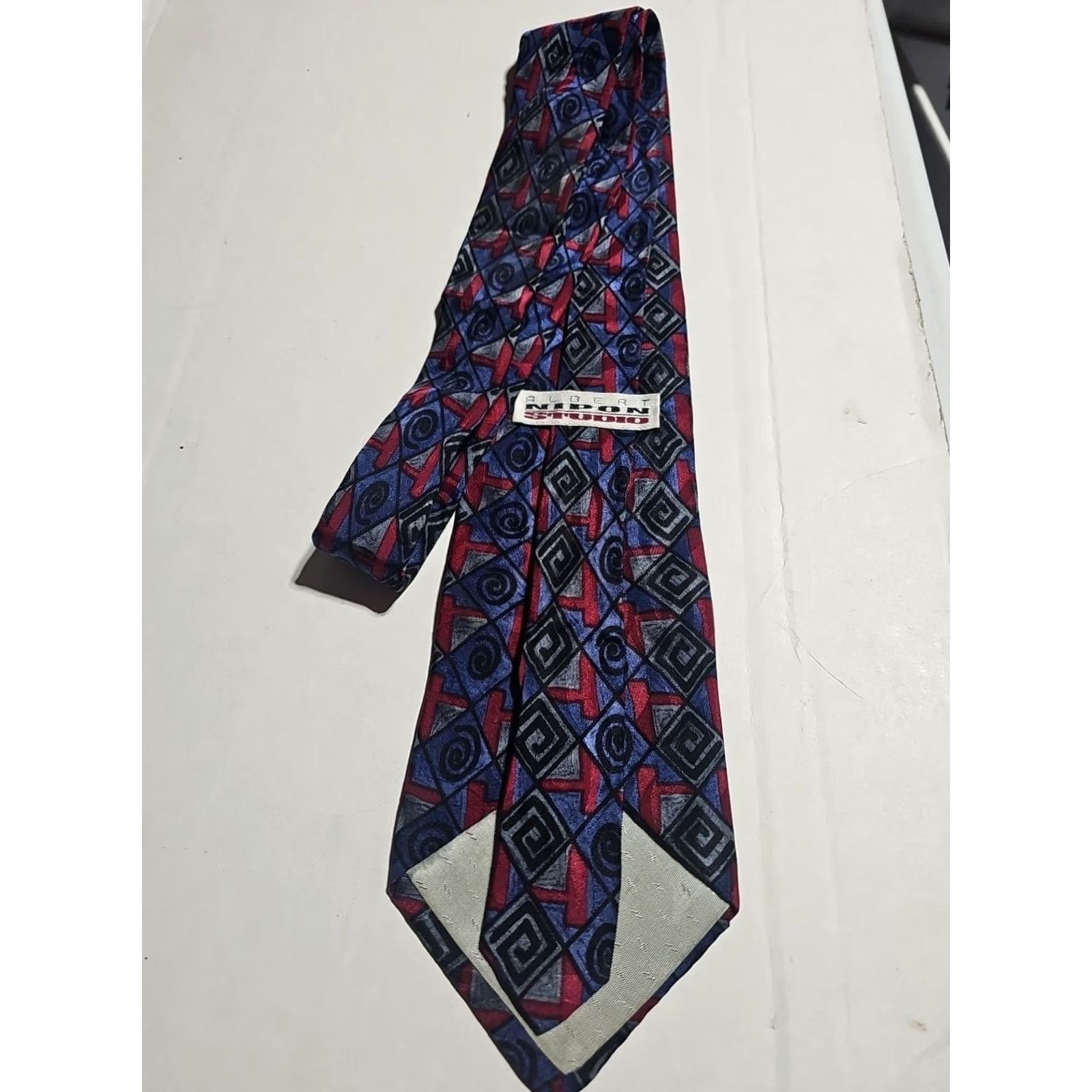 Albert Nipon Albert Nipon Studio Geometric Silk Neck Tie 57”L 4”W Blue Multi-Color USA Men Tie Size ONE SIZE - 7 Thumbnail