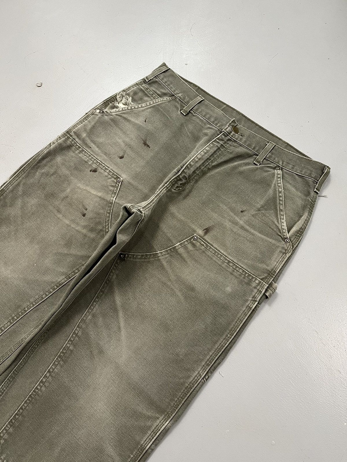 image of Sun Faded Carhartt B136 Mos Double Knee Denim in Olive Green, Men's (Size 34)