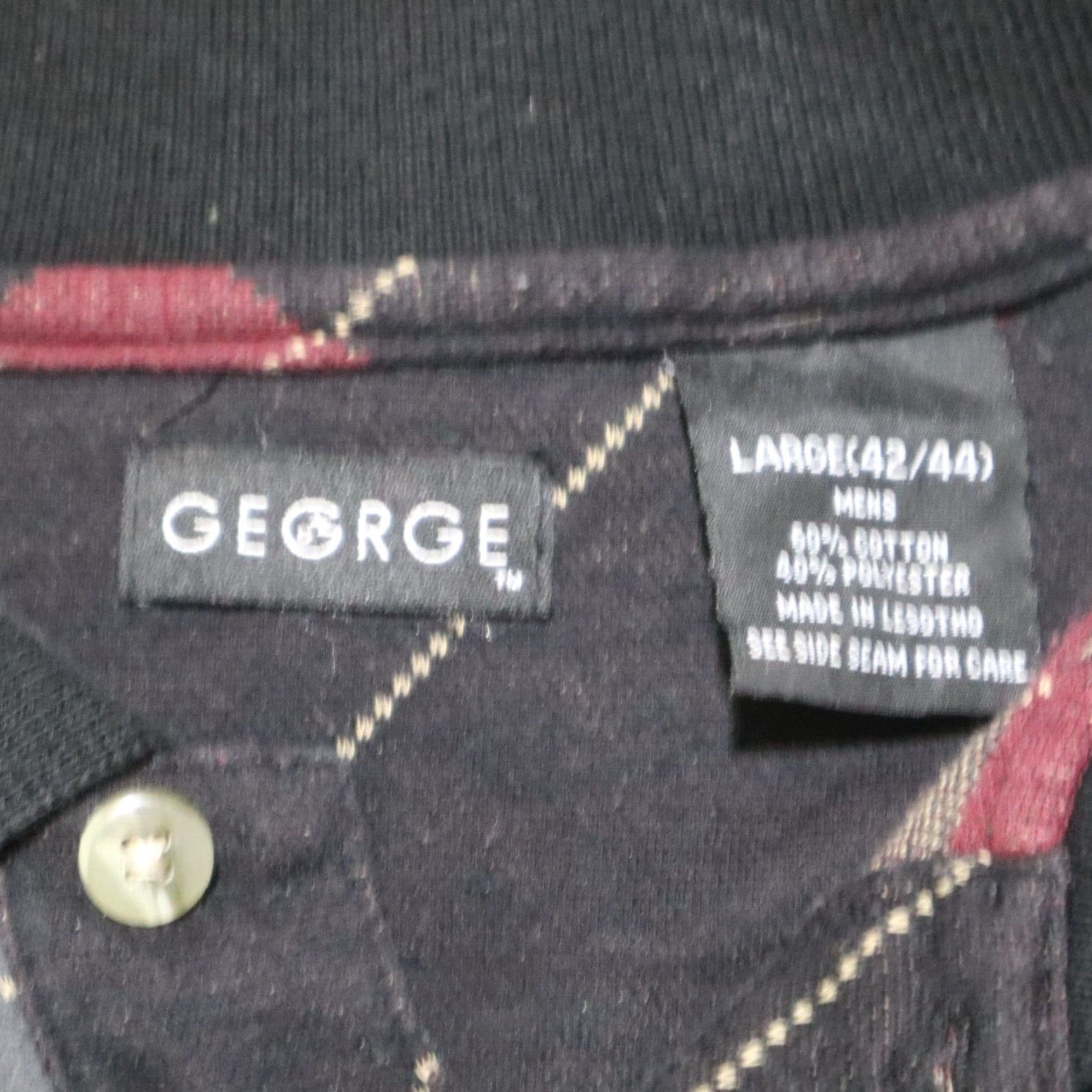 George George Polo Sweater Mens L Black Cotton Knit Long Sleeve V-Neck Pullover Argyle Striped Classic American Style Size US L / EU 52-54 / 3 - 3 Thumbnail