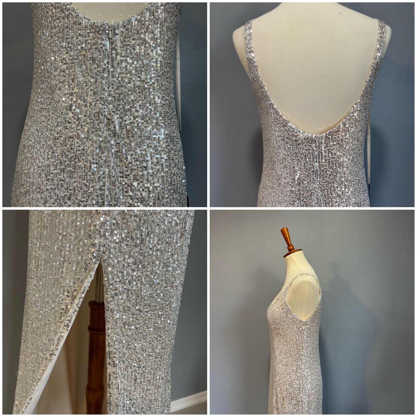 Vintage Ieena for Mac Duggal Silver Sequin V-Neck Gown NWT, Size 8 Size M / US 6-8 / IT 42-44 - 4 Thumbnail