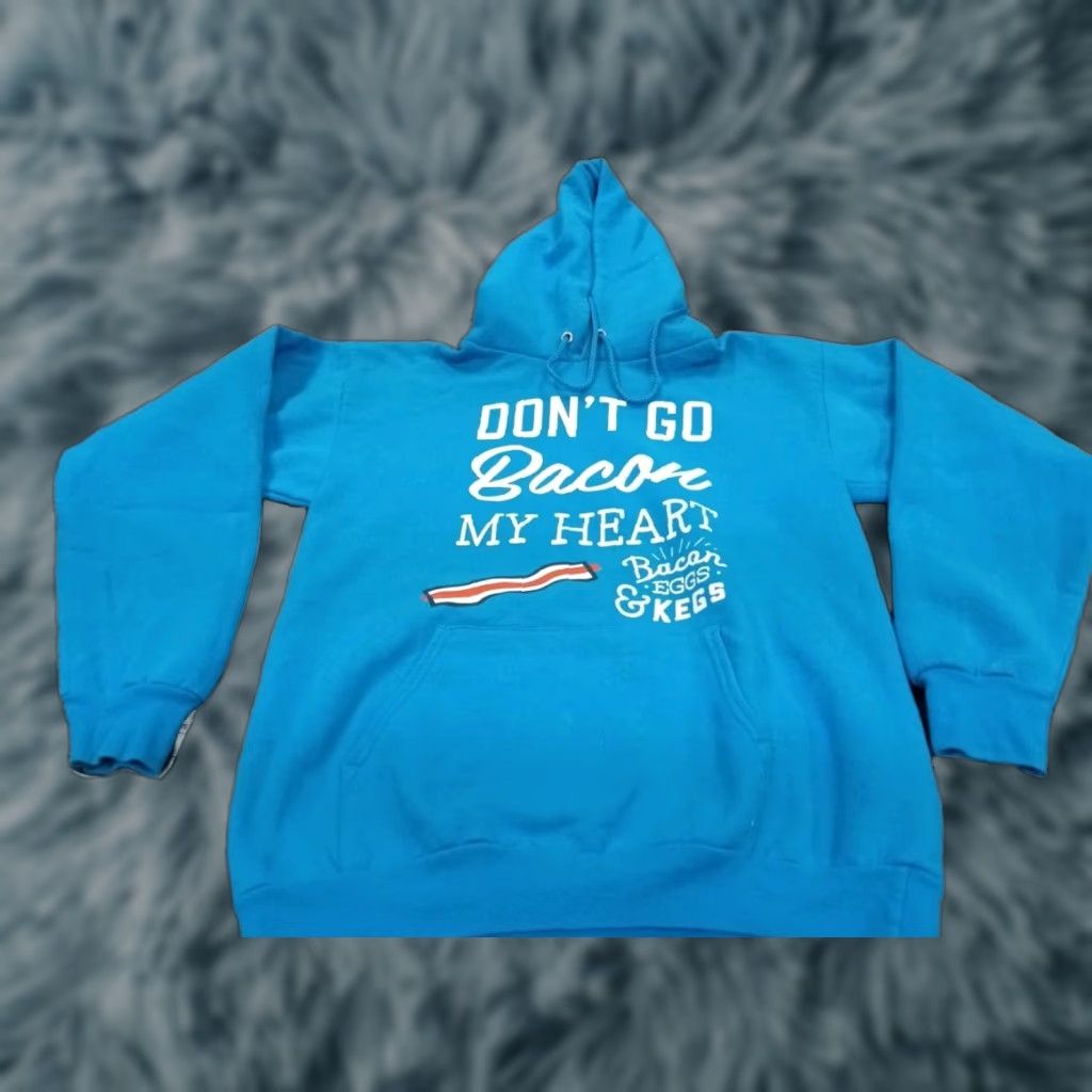 Vintage PORT Don’t Go Bacon My ❤️ Hoodie Blue Solid Long Sleeve Pullover with Hood Logo Regular Men Small 38" X 24" Funny USA Winter Fall Spring Size US S / EU 44-46 / 1 - 1 Thumbnail