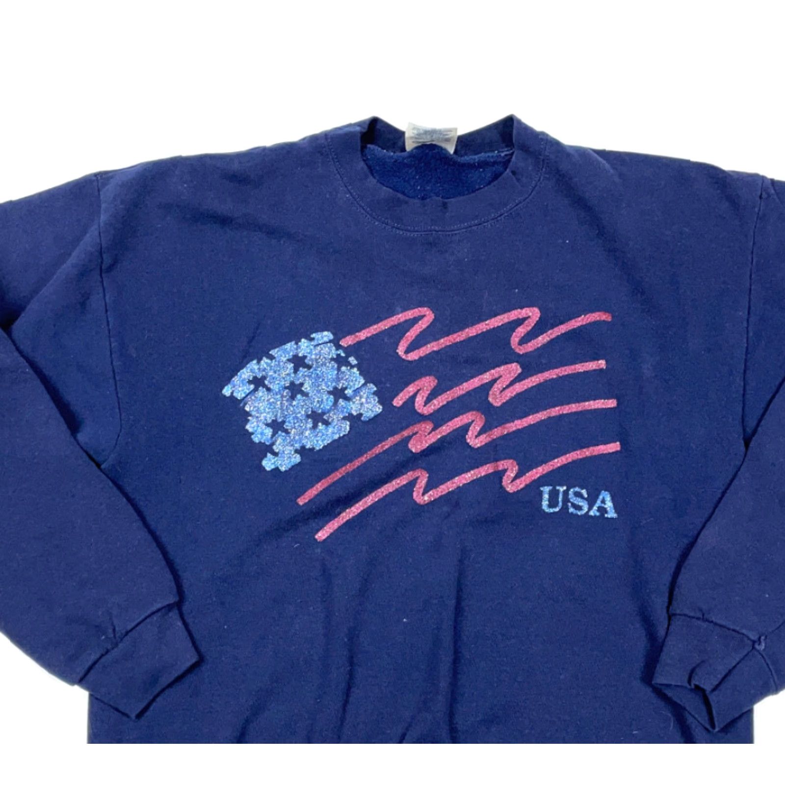 Vintage VINTAGE Santee Sweatshirt - American Flag Glitter Crew Neck Pullover - Cotton-Blend - Men Large - Blue - 1990s Retro/Patriotic - US Made Size US L / EU 52-54 / 3 - 3 Thumbnail