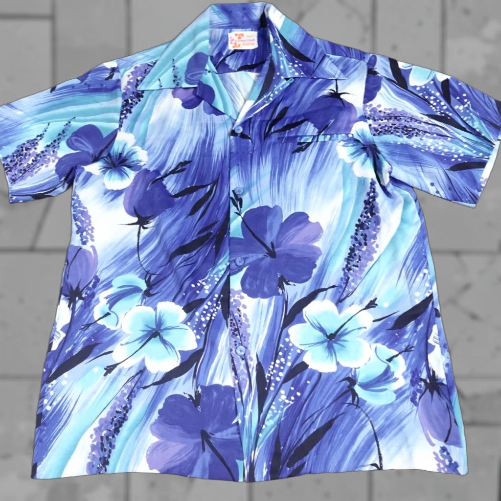 Sears VINTAGE Sears Shirt M Blue Hawaiian Floral Print Camp Loop Collar Men's Short Sleeve Button-Up Size US M / EU 48-50 / 2 - 1 Thumbnail