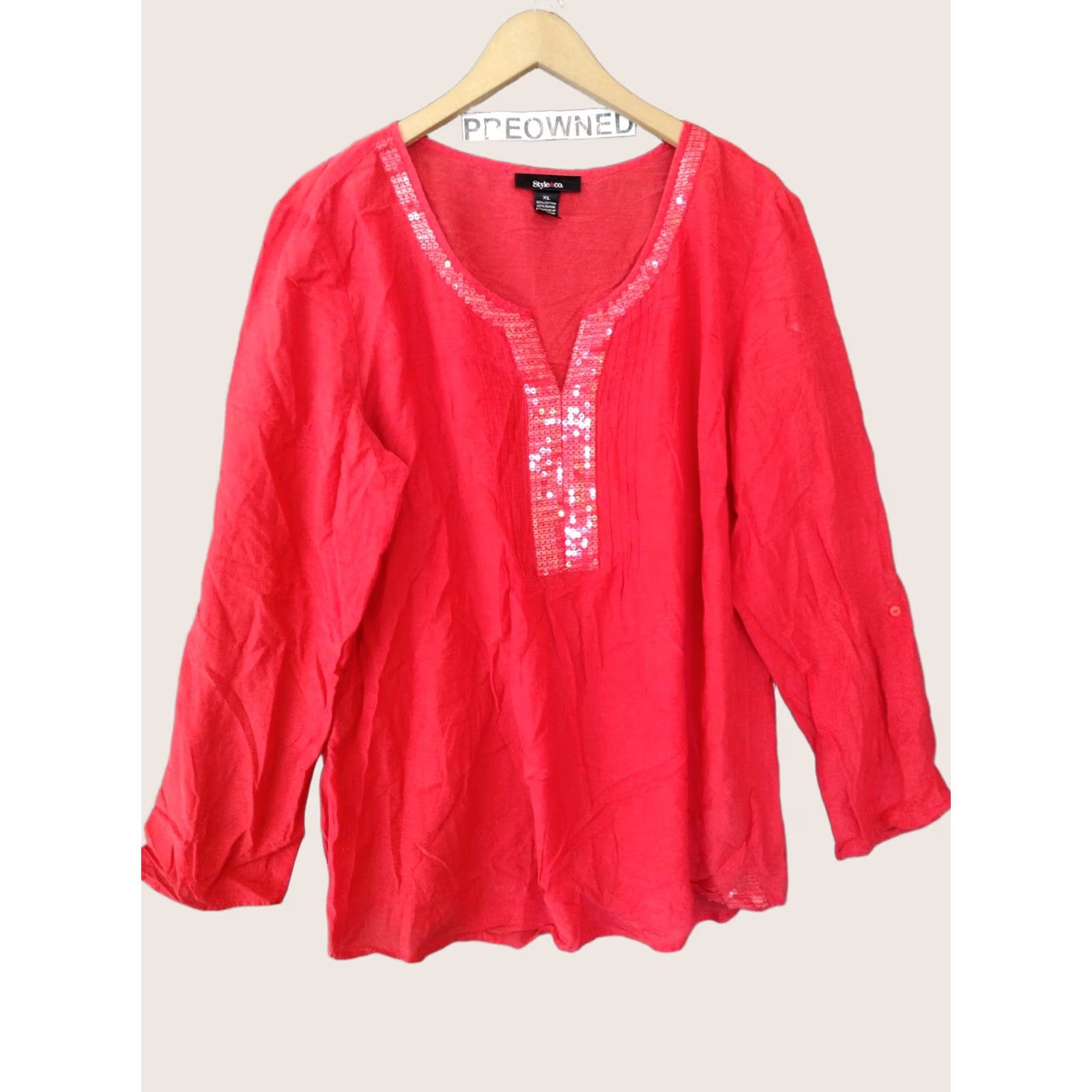 Style & Co Style & Co Blouse Women's Beaded V-Neck Red XL Shirt Raglan Sleeve Tunic Bohemian Casual, Sisters Womens, Red Beaded V-Neck Blouse, XL Size XL / US 12-14 / IT 48-50 - 1 Thumbnail