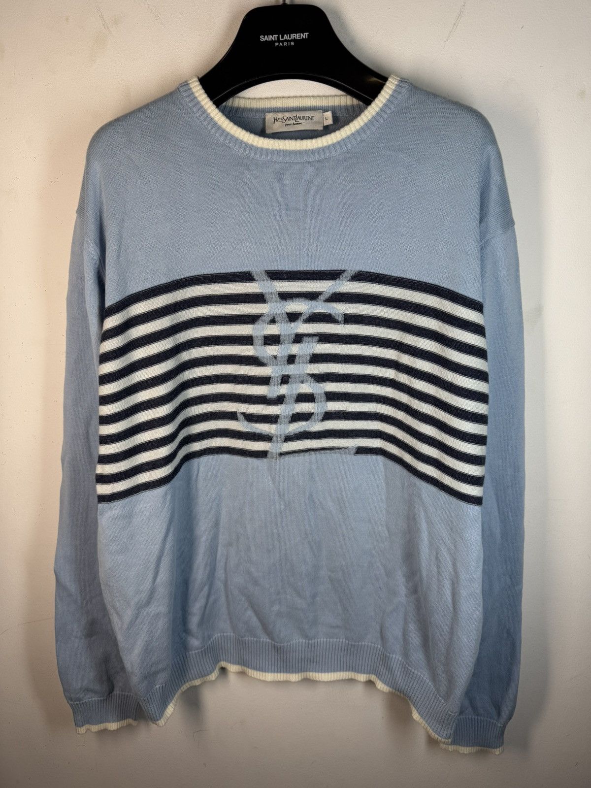Yves Saint Laurent Blue YSL Sweater Knit Light Big Logo Size US L / EU 52-54 / 3 - 24 Thumbnail