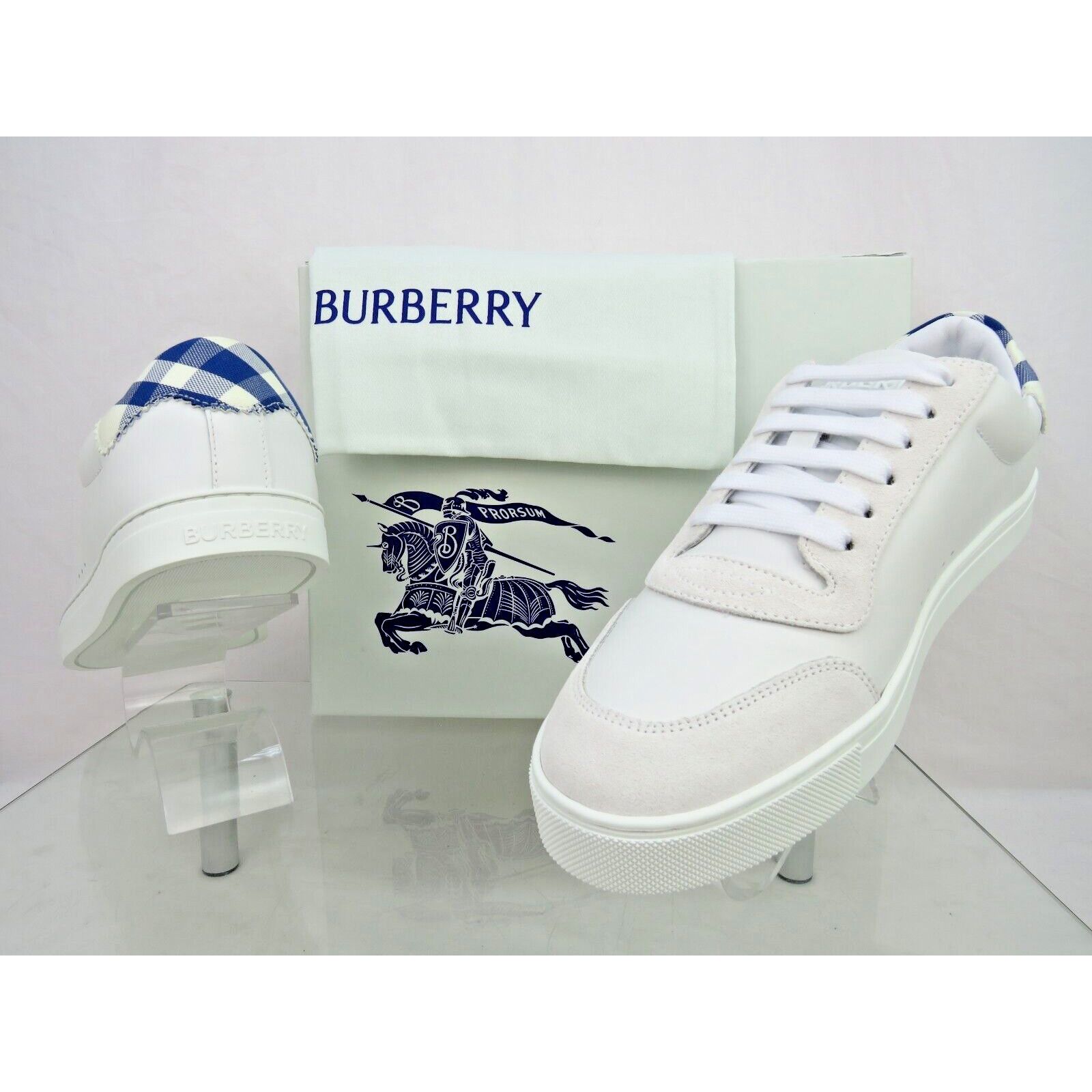 Burberry BURBERRY ROBIN WHITE BLUE CHECK LEATHER LOGO SNEAKERS 11.5 Size US 11.5 / EU 44-45 - 6 Thumbnail