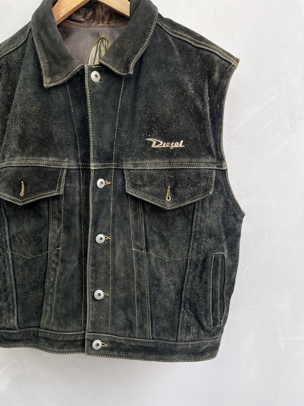 Diesel × Vintage Trucker diesel Leather Jacket vest Suede Black Vintage 90s Size US M / EU 48-50 / 2 - 2 Thumbnail