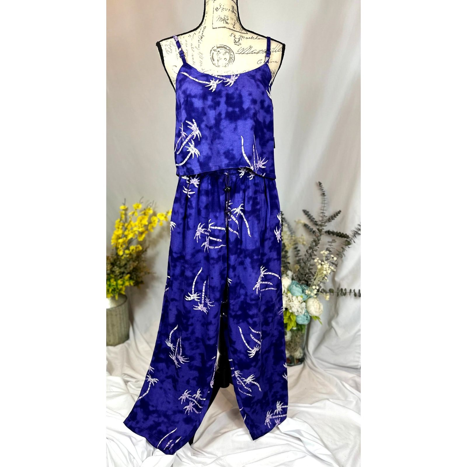 Other 2 Piece Island Ready Crop Top Matching Pants Palm Trees L Size 34" / US 12 / IT 48 - 3 Thumbnail