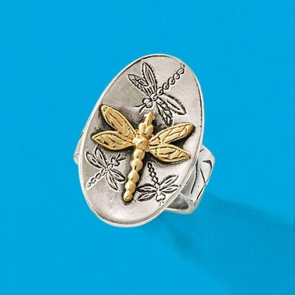 Designer Sterling Silver Oval Golden Dragonfly Signet Ring - Size 5 Size ONE SIZE - 4 Thumbnail