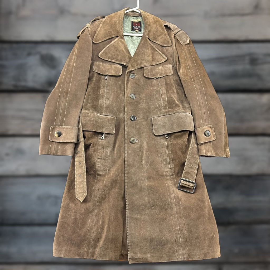 Vintage VINTAGE Europe Craft Leather Coat Mens 40 Brown Coat Long Belted Suede 90s Overcoat Casual Mens Brown Leather Coat Size US XXS / EU 40 - 1 Thumbnail