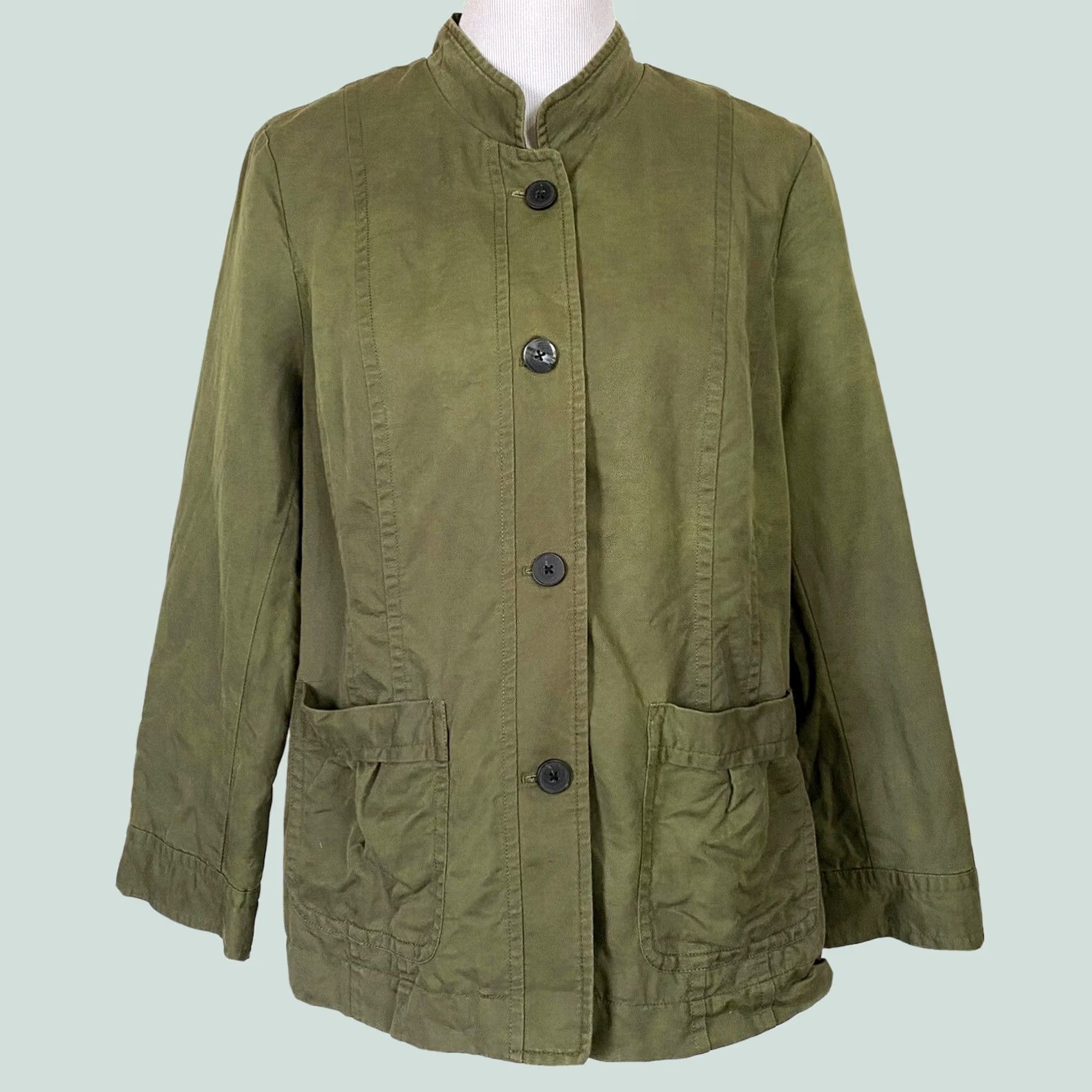 Coldwater Creek Coldwater Creek Jacket Army Green Linen Blend Button Front Petite 12P Pockets Women's Short Jacket Size XL / US 12-14 / IT 48-50 - 1 Thumbnail