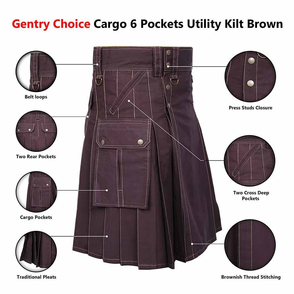 Other Sports Utility Kilt – Brown Cargo Kilt with 6 Pockets Size US 34 / EU 50 - 4 Thumbnail