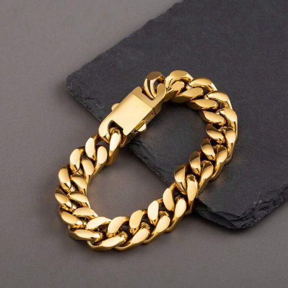 Other Men Gold 13mm Wide Stainless Steel Miami Curb Chain Bracelet Size ONE SIZE - 4 Thumbnail