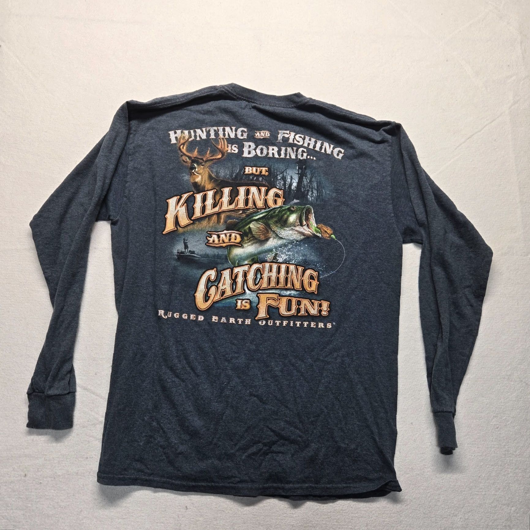 Vintage REO Rugged Earth Outfitters T-Shirt Shirt Adult L Blue Cotton Polyester Logo Fish Long Sleeve Crew Neck Mens Size US L / EU 52-54 / 3 - 7 Thumbnail