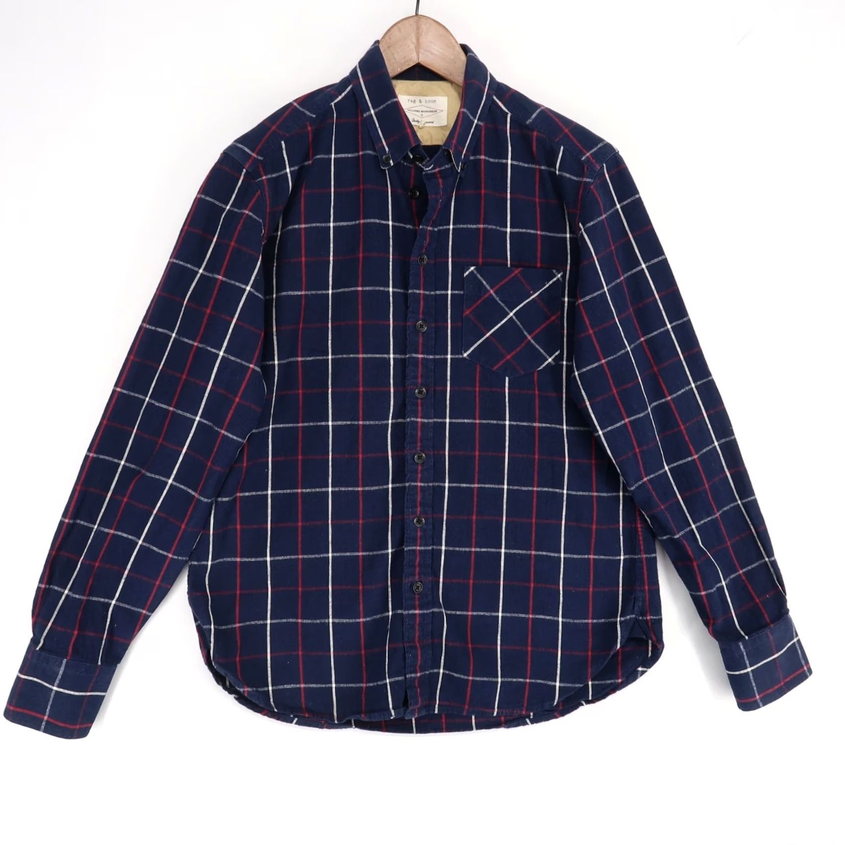 Rag & Bone rag & bone Tailored Workwear Shirt Mens S Navy Blue Plaid Linen Cotton Button Size US S / EU 44-46 / 1 - 2 Thumbnail