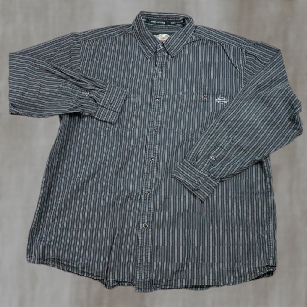 Harley-Davidson Shirt Mens XL Black Gray Striped Bar & Shield Logo Pearl Snap Button-Up Long Sleeve Collared Casual Workwear Western USA Mens XL