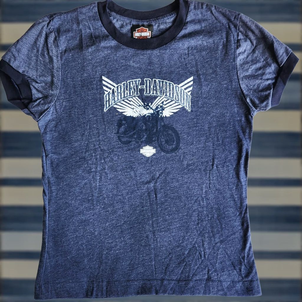 Harley Davidson VINTAGE Harley Davidson Motorcycles Y2K Women's Med Blue Ringer Graphic T-Shirt Size M / US 6-8 / IT 42-44 - 1 Thumbnail