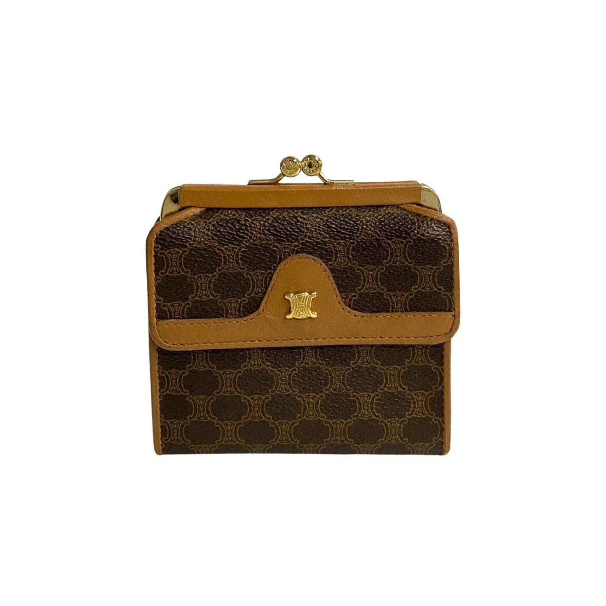 image of Celine Macadam Blason Triomphe Pattern Leather Bifold Wallet Brown 94112, Women's