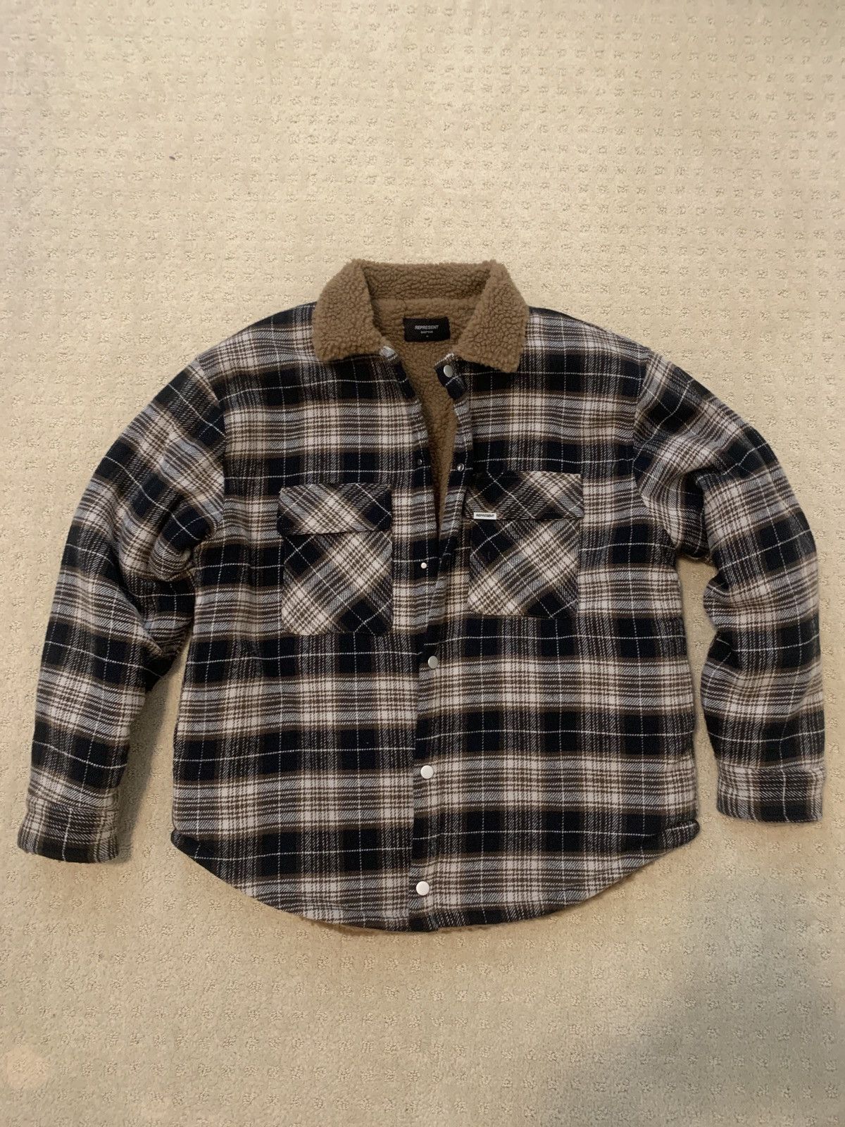 image of Represent Clo Represent - Sherpa Flannel Overshirt Jacket in Brown, Men's (Size Medium)