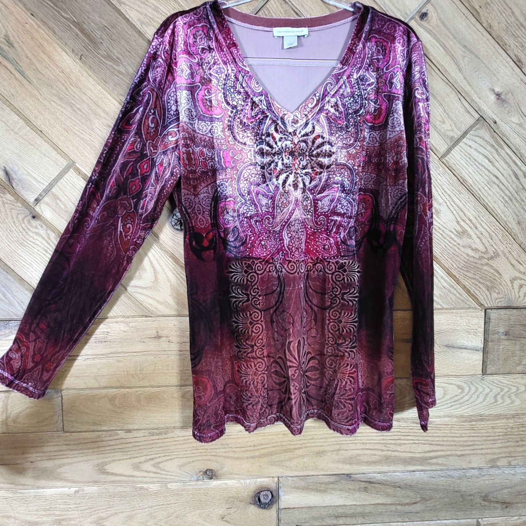 Vintage VINTAGE Christopher & Banks Velvet Burnout Top Women L Paisley Embellished Burgundy Size L / US 10 / IT 46 - 6 Thumbnail