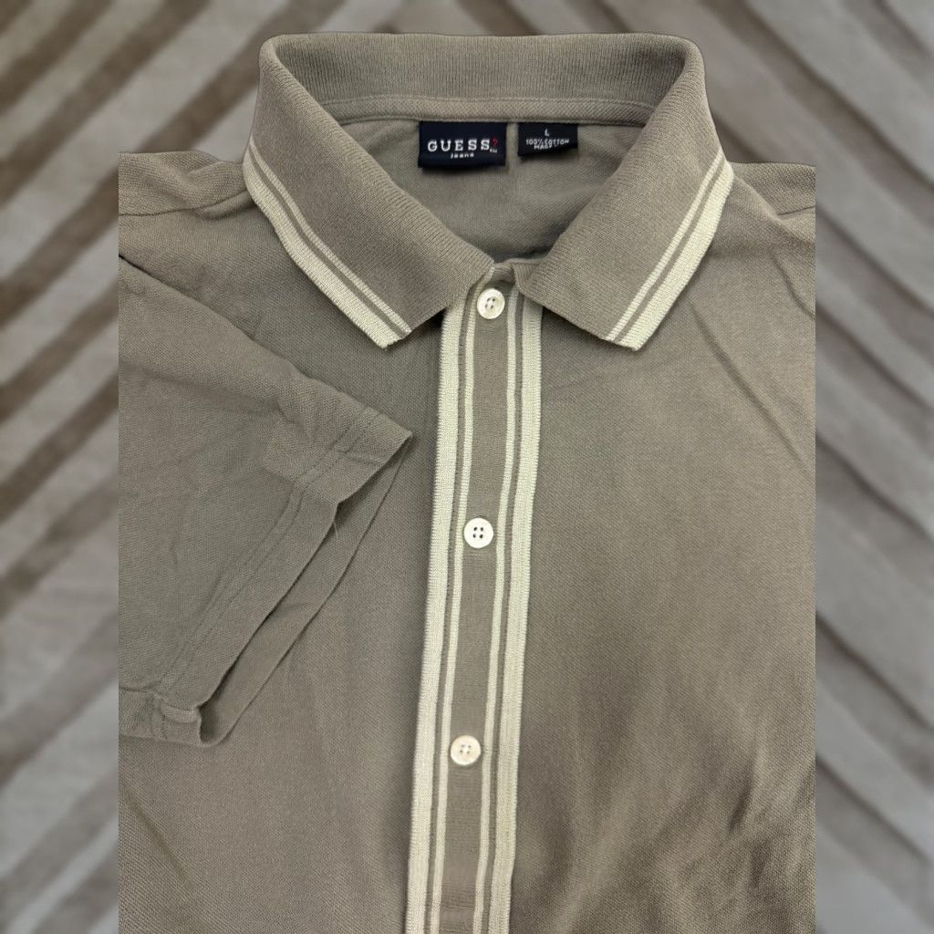 Guess VINTAGE GUESS Button-Up Shirt Men's Large Pique Knit Cotton Beige 2000s Y2K Retro Hipster Short Sleeve Size US L / EU 52-54 / 3 - 1 Thumbnail