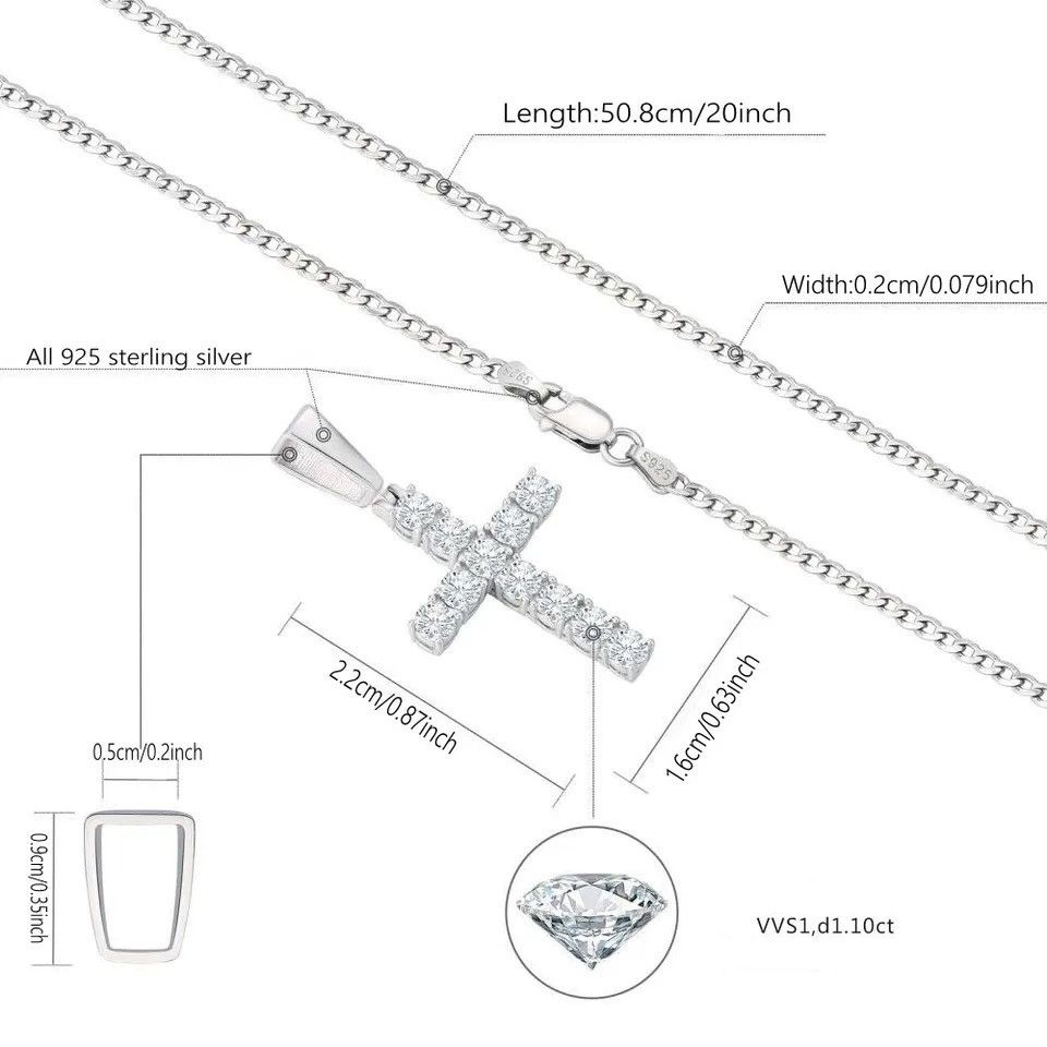 Jewelry 925 Silver 1.1 Carat Moissanite Cross Necklace Pendant Size ONE SIZE - 3 Thumbnail