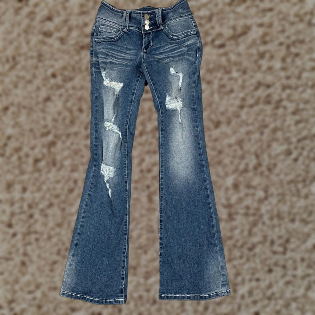 Vintage Flamingo Jeans Women Blue Denim Distressed Flared Cotton Blend 25x31 Size 42" / US 20 - 1 Thumbnail