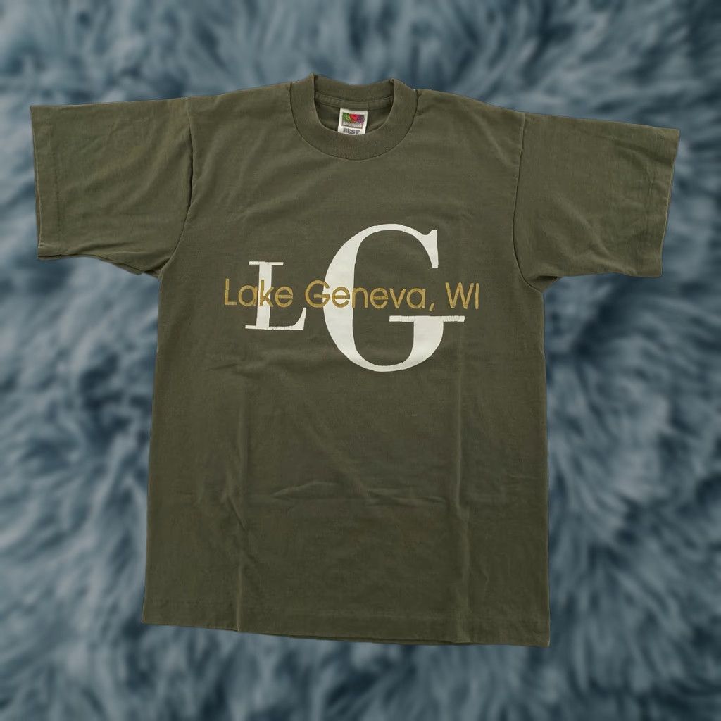 Fruit Of The Loom VINTAGE Fruit of the Loom Lake Geneva WI Crewneck Shirt Adult Medium Olive Green Double-Sided Print 90s City USA Mens Size US M / EU 48-50 / 2 - 1 Thumbnail