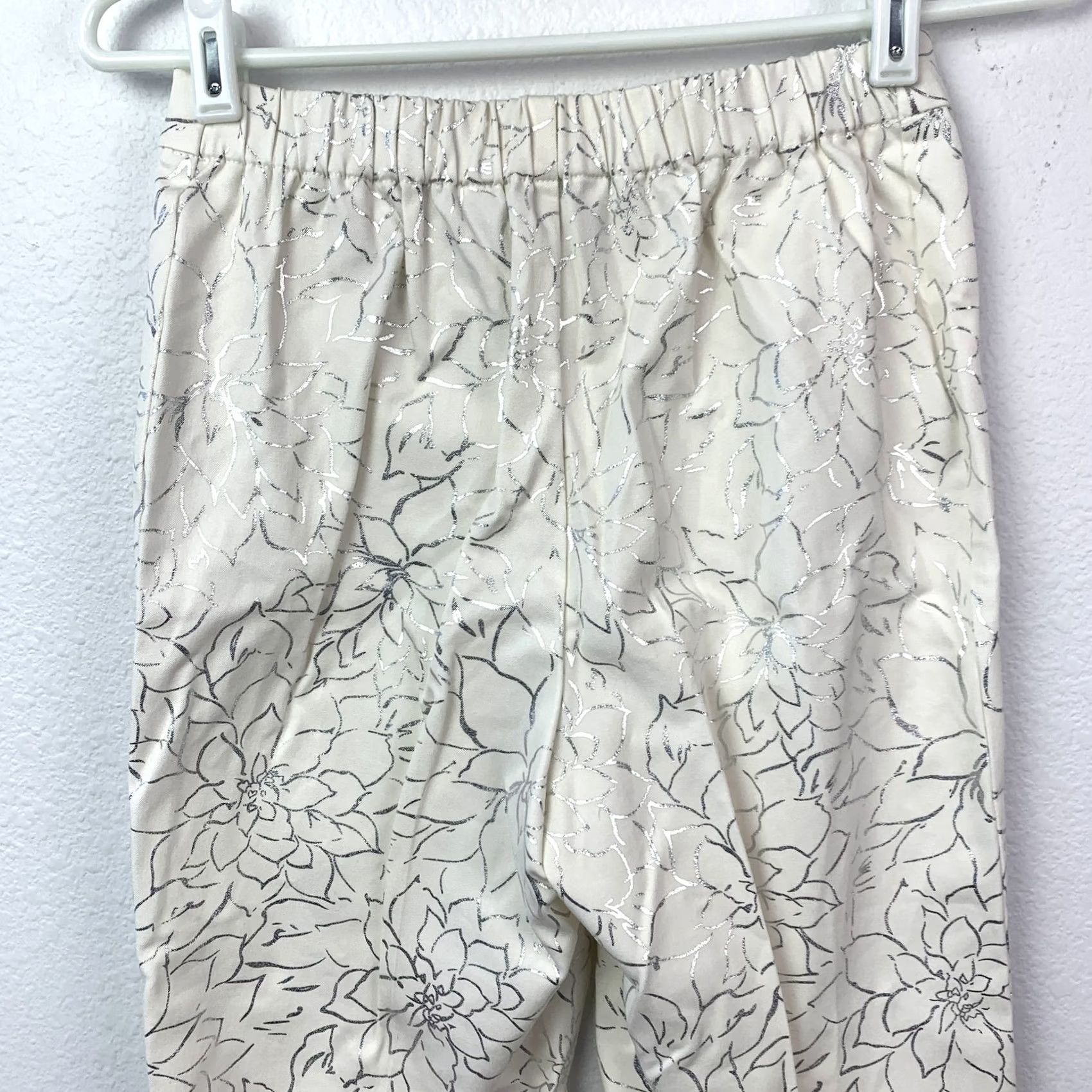 Vintage Isaac Mizrahi Live! Women's Cream Silver Floral Metallic Elastic Waist Pants 0T Size 25" / US 0 / IT 36 - 4 Thumbnail