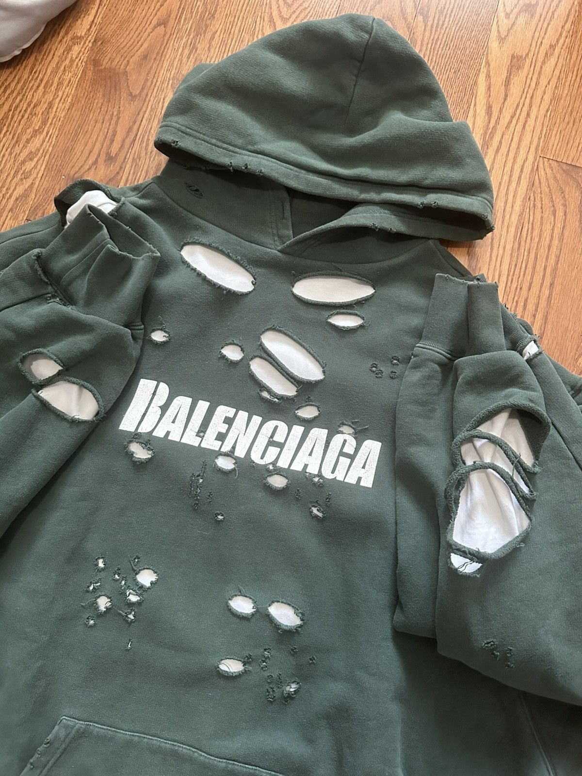 Balenciaga Balenciaga Caps Destroyed Hoodie Green/White | Grailed