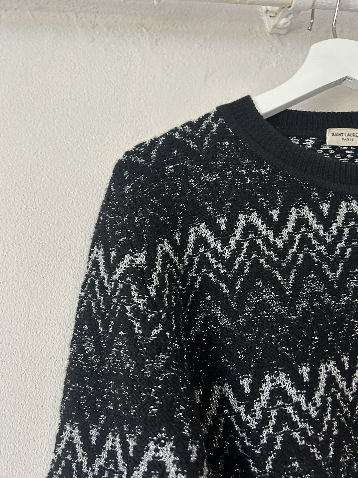 Saint Laurent Paris Black/Silver Zig-Zag Knit Sweater Size US XXL / EU 58 / 5 - 7 Thumbnail
