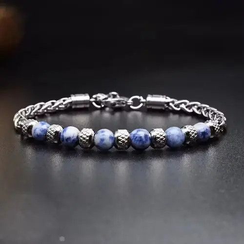 Handmade 6mm Blue Stone Beads Stainless Steel Bracelet Size ONE SIZE - 1 Thumbnail