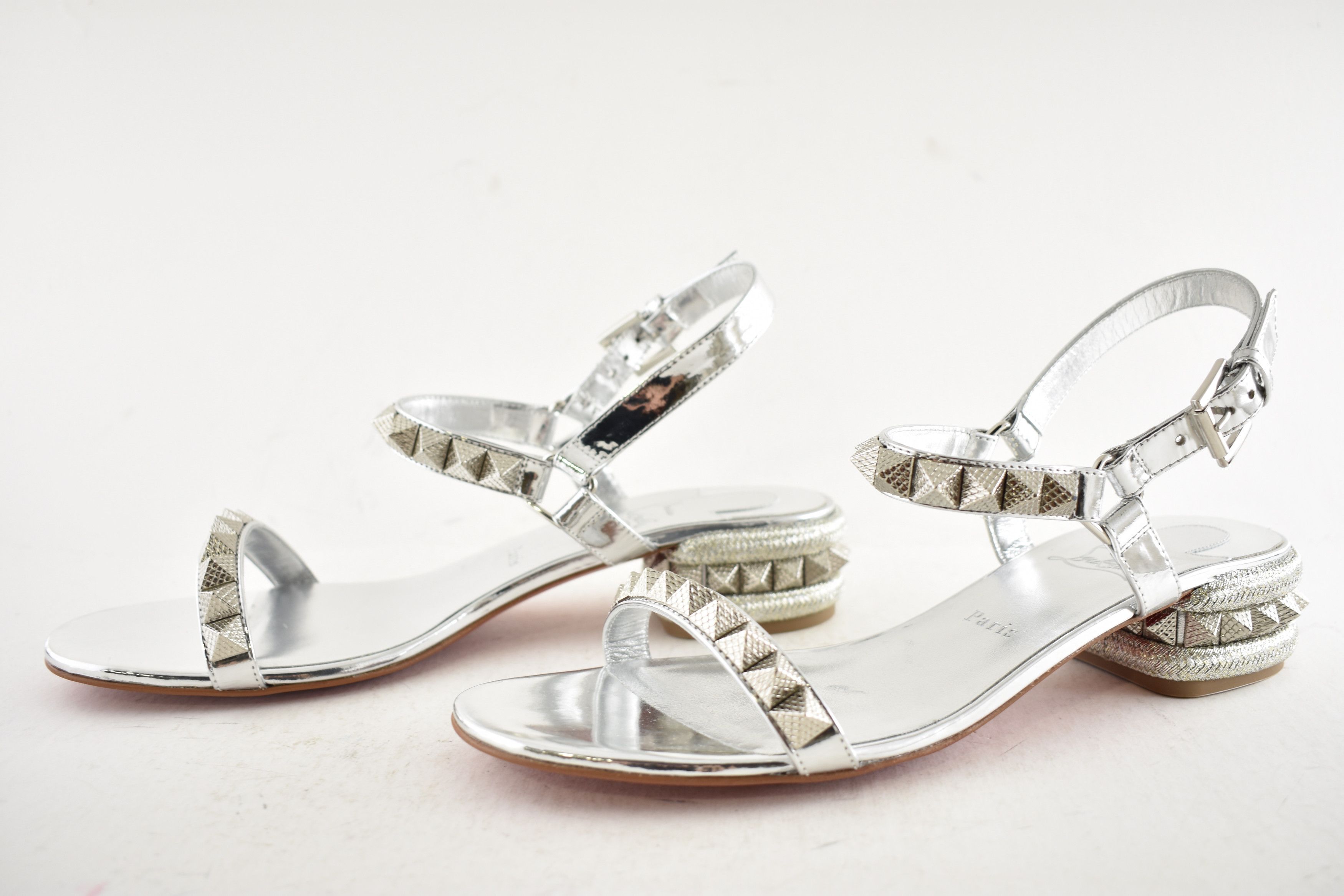 Christian Louboutin Pyrasand 30 Silver Leather Block Heel Ankle Strap Sandal 38 Size US 8 / IT 38 - 15 Thumbnail