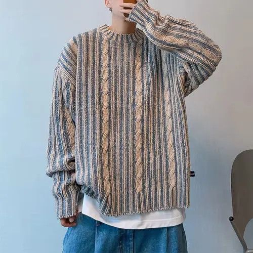 Designer Streetwear Retro Knitted Striped Loose Sweater Pullover Size US L / EU 52-54 / 3 - 1 Thumbnail