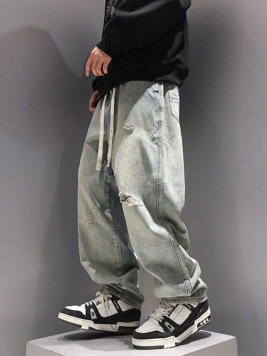 Japanese Brand Men's Japanese drawstring solid color ripped washed jeans Size US 32 / EU 48 - 3 Thumbnail