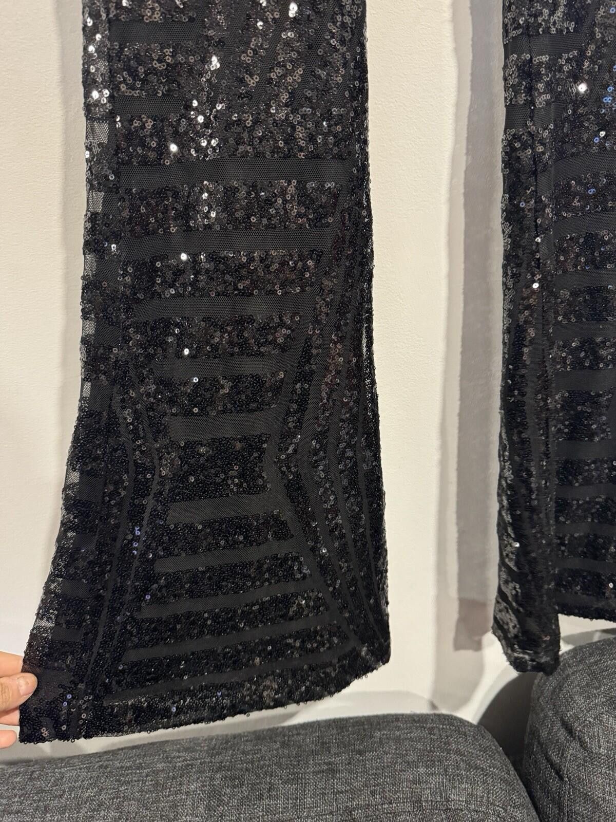 The Unbranded Brand Black Sequin Flare Pants Stretch High Rise Glam Womens Sz L Size 36" / US 14 / IT 50 - 11 Thumbnail