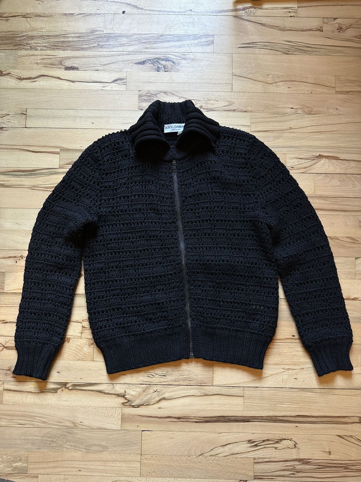 image of Dolce Gabbana D&g Wool Chunky Knit Zip Sweater in Black, Men's (Size Medium)