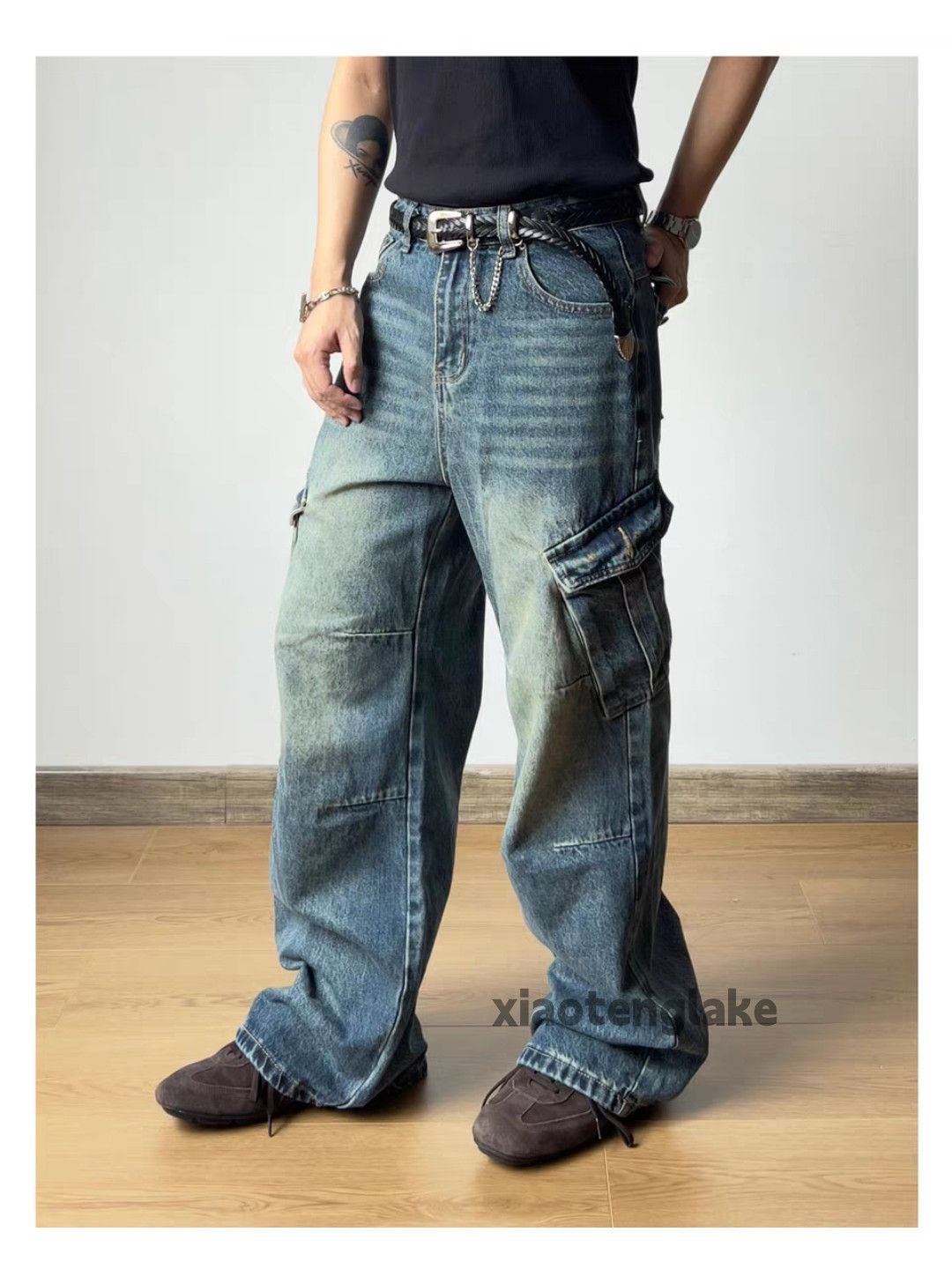 Jean custom washed faded loose baggy skate hiphop cargo jeans Size US 30 / EU 46 - 3 Thumbnail