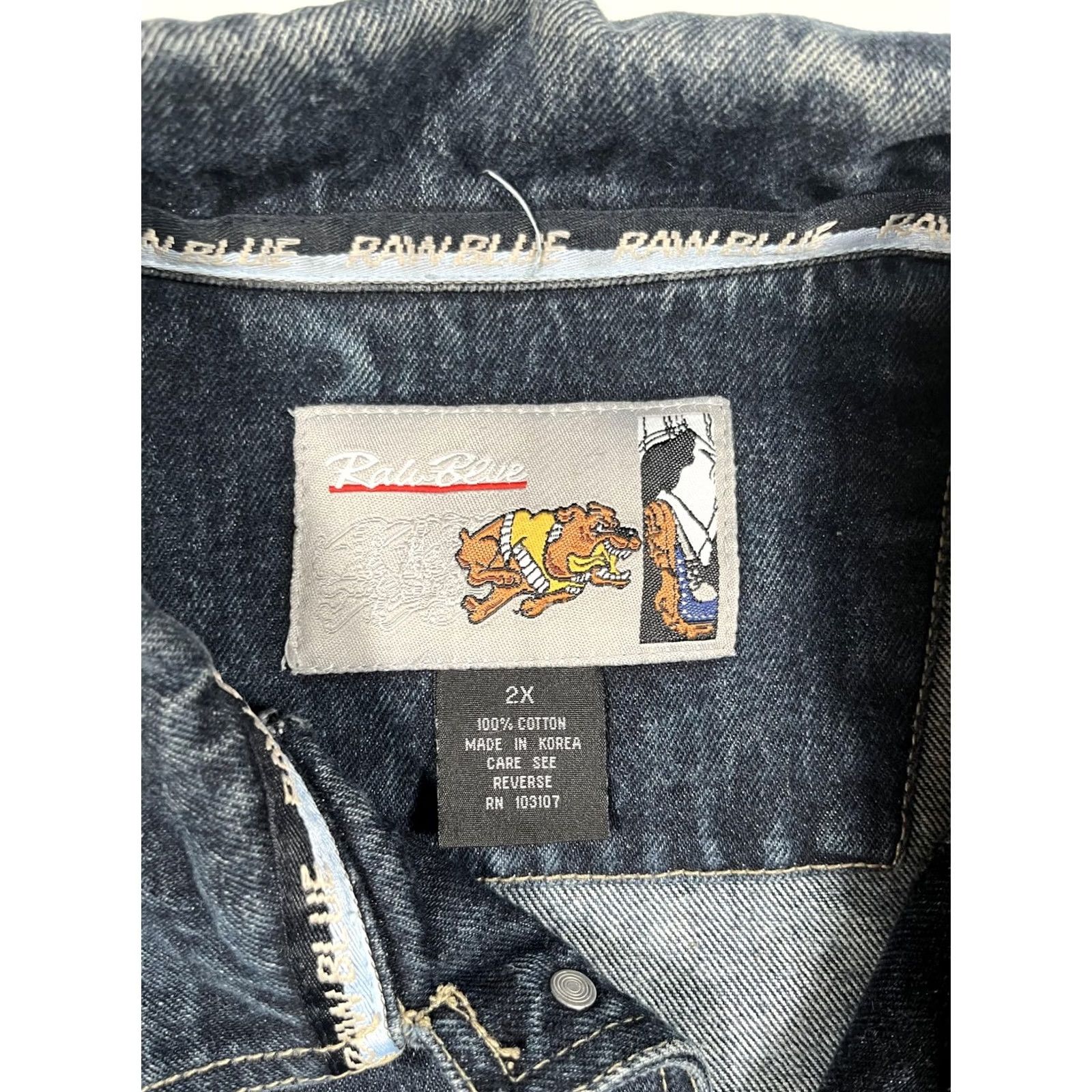 Denime Raw Blue Denim Jacket Mens 2XL Embroidered Bulldog Graphic Dis my Crib Applique Size US XXL / EU 58 / 5 - 3 Thumbnail
