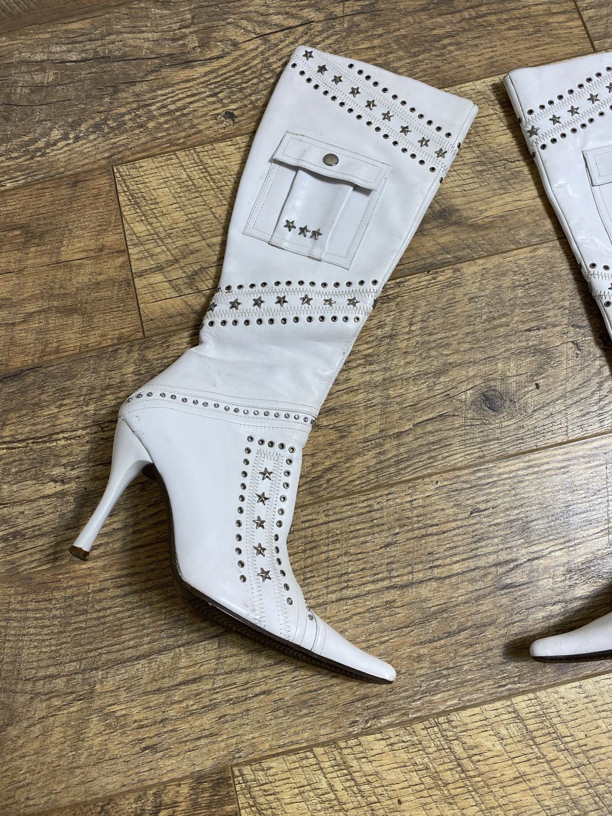 Japanese Brand Rare Archive White Leather Star Studded Pocket Boots Y2K Size US 5 / IT 35 - 2 Thumbnail