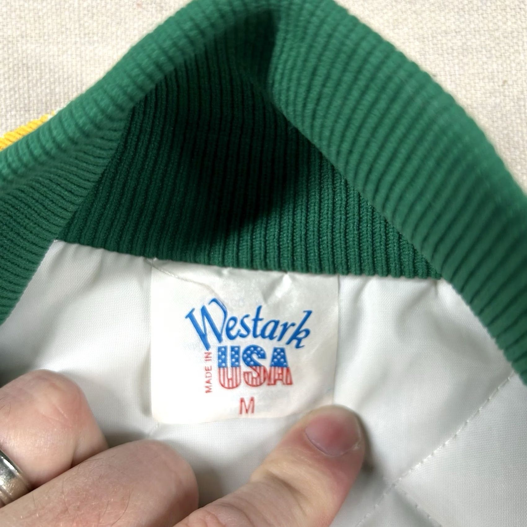 Vintage VINTAGE Westark Bronze Green Satin Bomber Jacket Mens M USA Band 80s 90s Varsity Letterman Pep Rally Shirt? Size US M / EU 48-50 / 2 - 7 Thumbnail