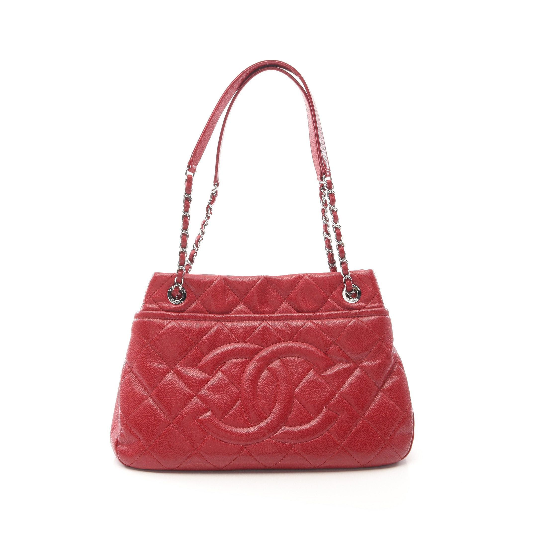 Chanel Matelasse Chain Shoulder Bag Tote Caviar Skin Red Silver Hardware, Women's