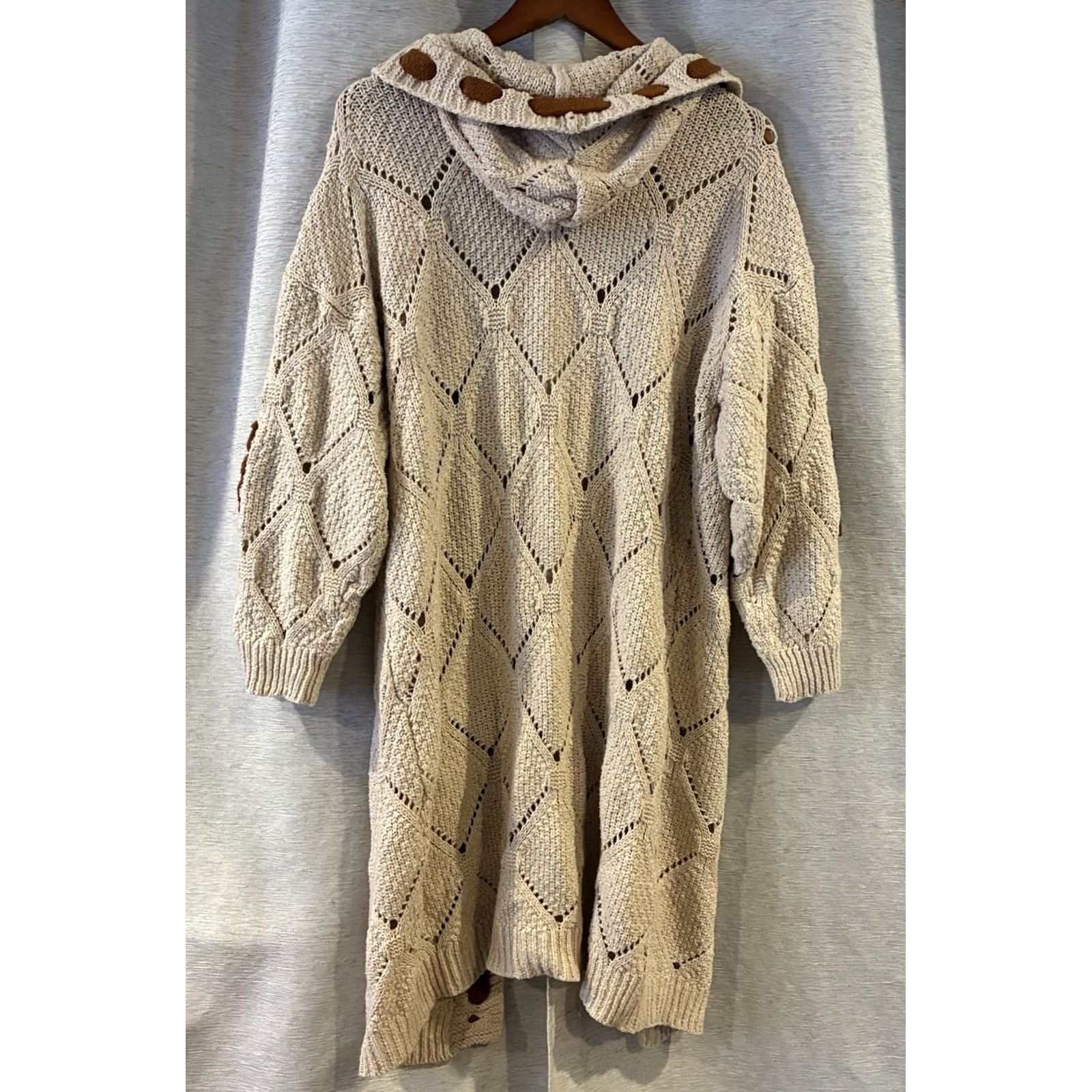 Vintage Hooded cardigan Brown elbows Cable Boho Women M Sweater Regular Polyester T-137 Size M / US 6-8 / IT 42-44 - 3 Thumbnail