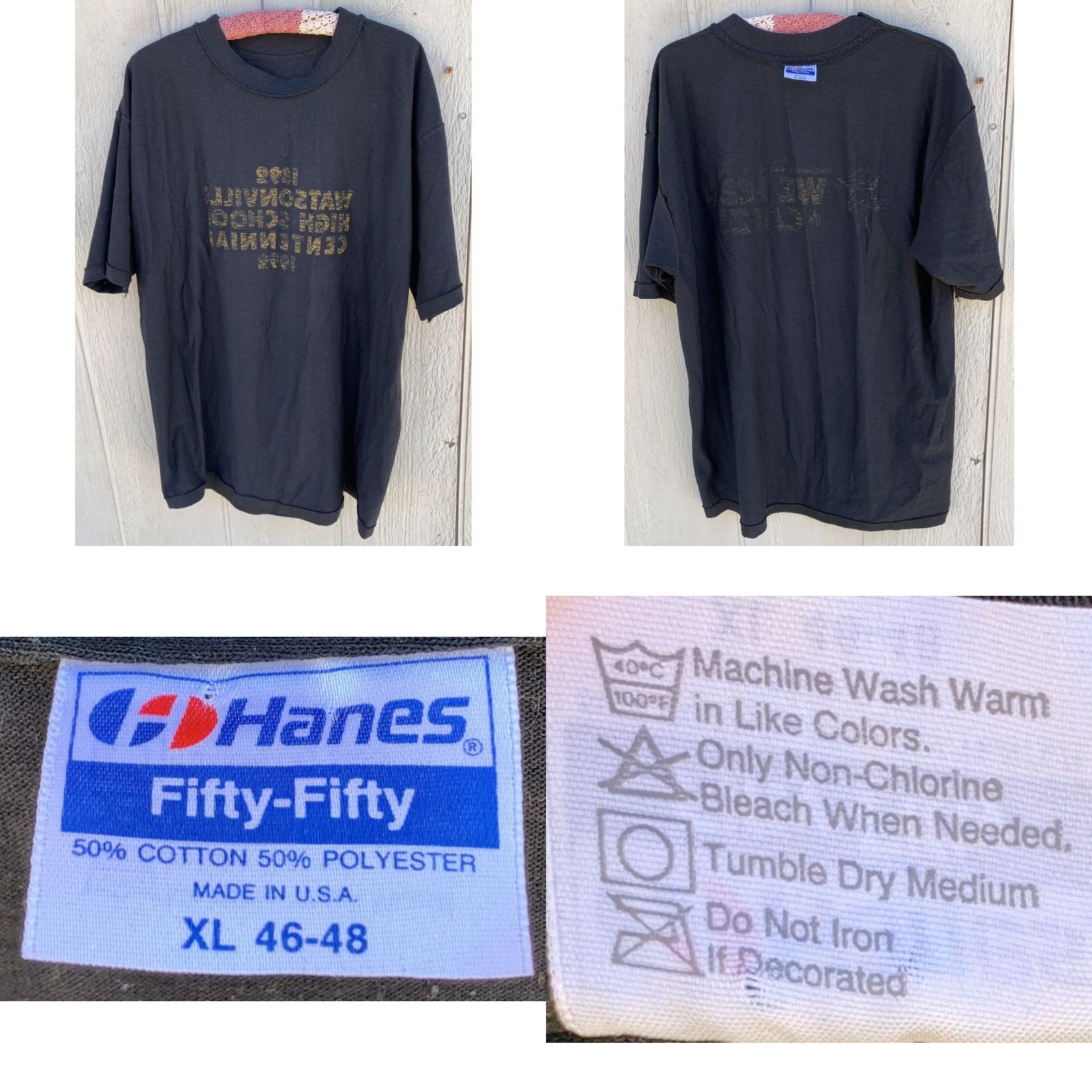Hanes VINTAGE Watsonville High School Centennial 1992 We Feed The Cats T Shirt XL Hanes Fifty-Fifty Black Short Sleeve Mens Size US XL / EU 56 / 4 - 10 Thumbnail